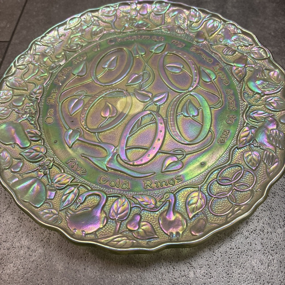 Imperial Green Glass Carnival Plate Five Gold Rings 12 Day of Christmas 1974 VTG